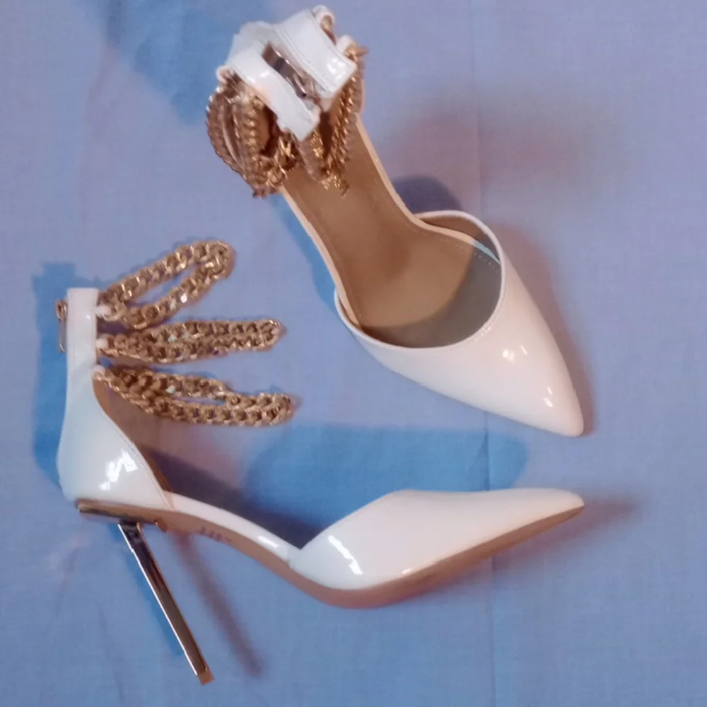 Fashion Nova White and Gold Stiletto Heels with Gold Ankle Chains. Size11 - Picture 1 of 10
